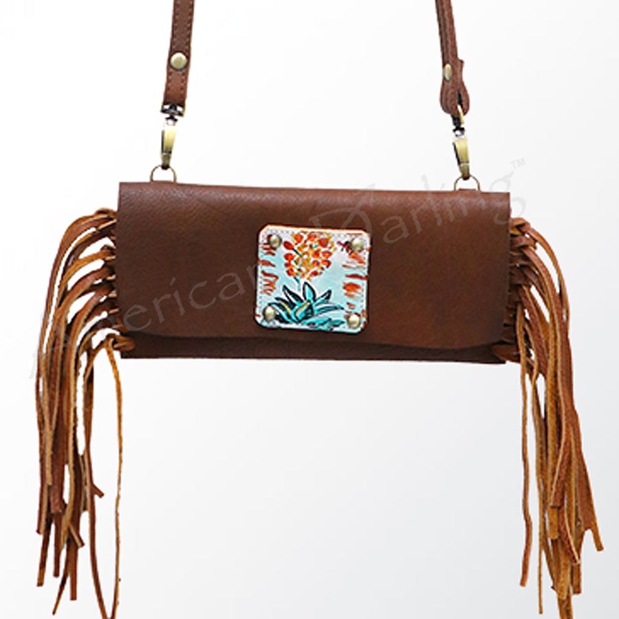American Darling Small Cross body Bag, Hand Painted Western Leather with Fringes, Genuine Full Grain Leather, 21in X 11in X 5in