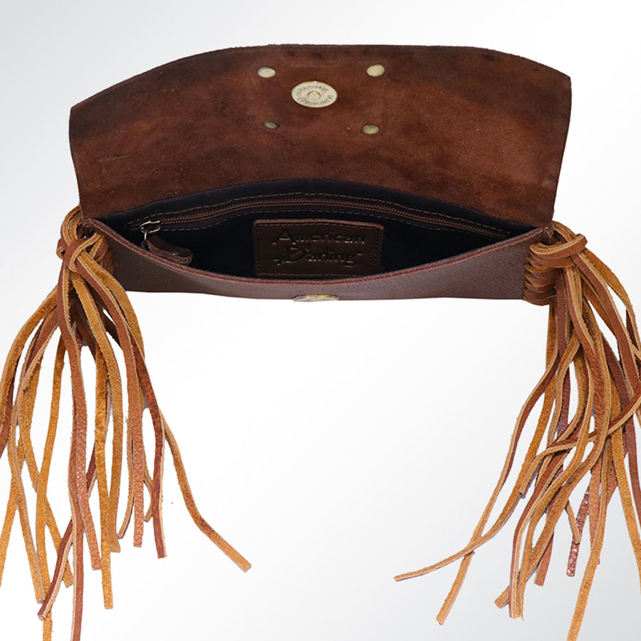 American Darling Small Cross body Bag, Hand Painted Western Leather with Fringes, Genuine Full Grain Leather, 21in X 11in X 5in