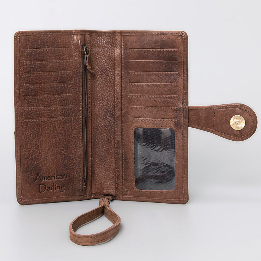 American Darling Wristlet Bag Hand Tooled Floral Carved Vegetable Tanned Western Leather Wallet Purse 4in x 8in