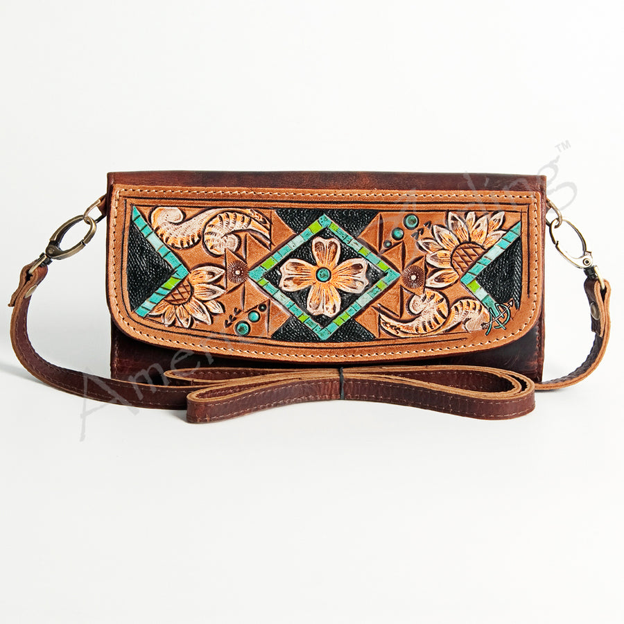 American Darling Wallet Hand Tooled Leather Clutch Vegetable Tanned Western Accessory 4in x 8in