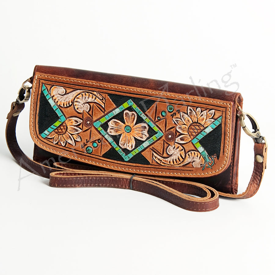 American Darling Hand Tooled Floral Small Cross body Bag - Western Leather Wallet Purse - Uhorse