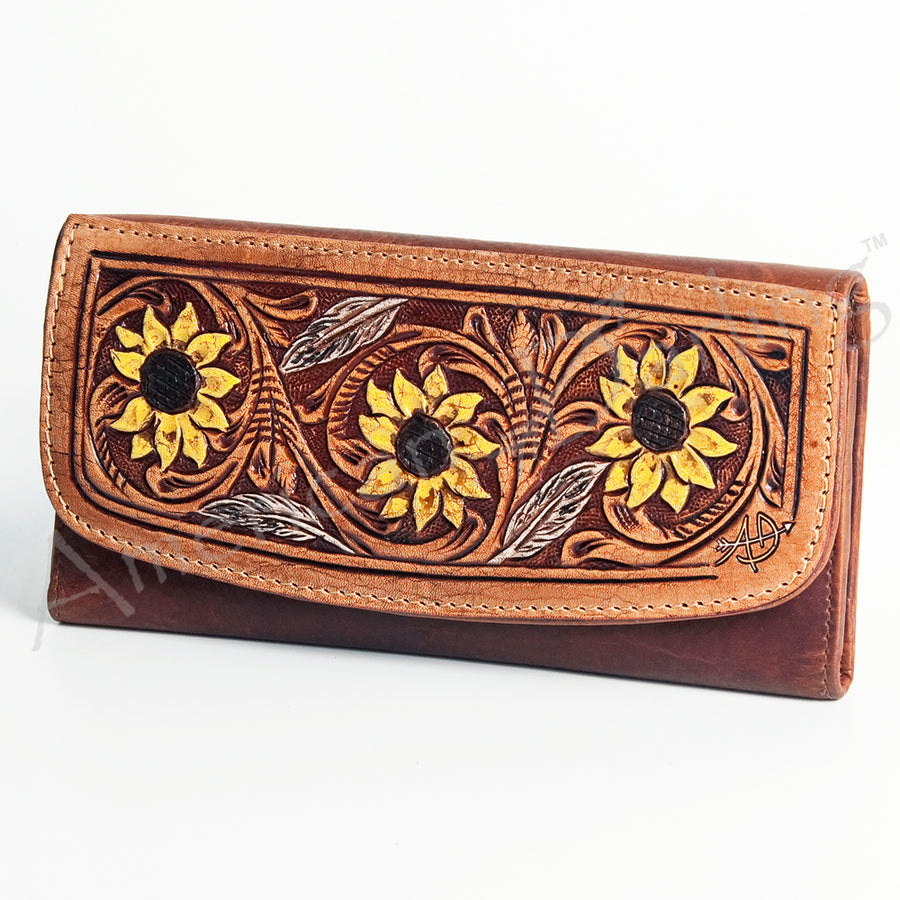 American Darling Hand Tooled Sunflower Wallet - Western Leather Floral Carved Clutch - Uhorse