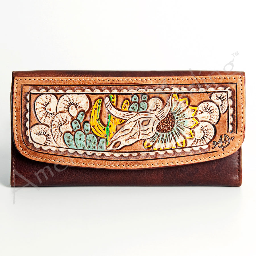 American Darling Wallet Hand Tooled Leather Clutch Vegetable Tanned Western Accessory 4in x 8in