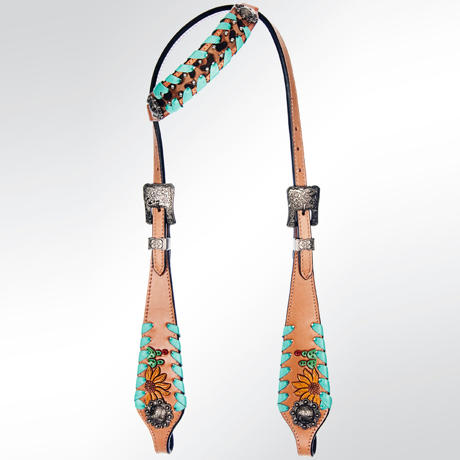 Leather one-ear headstall with turquoise tooling and silver hardware - Uhorse
