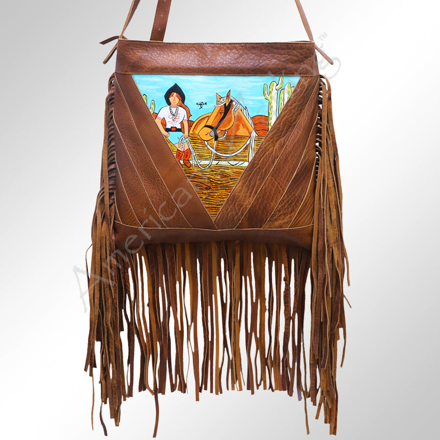 American Darling Large Cross body Bag, Hand Painted Western Scene, Fringed Vegetable Tanned Leather, 39in X 38in X 10in
