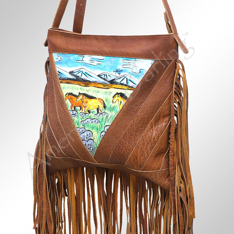 American Darling Hand Painted Western Leather Large Cross body Bag with Fringes - Uhorse