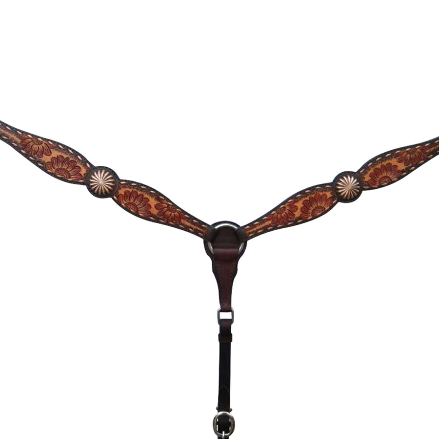 Leather breast collar with tooled floral design and silver conchos - Uhorse
