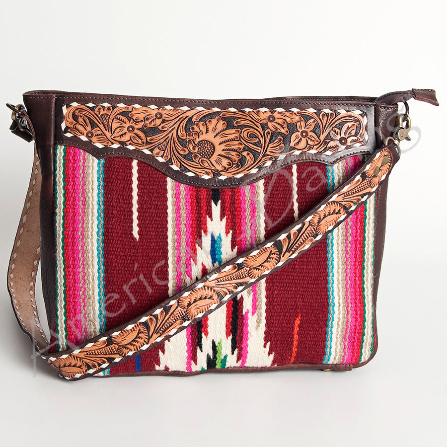 American Darling Women's Hand Tooled Floral Carved Leather Large Cross body Bag with Hand Woven Saddle Blanket and Buck Stitching
