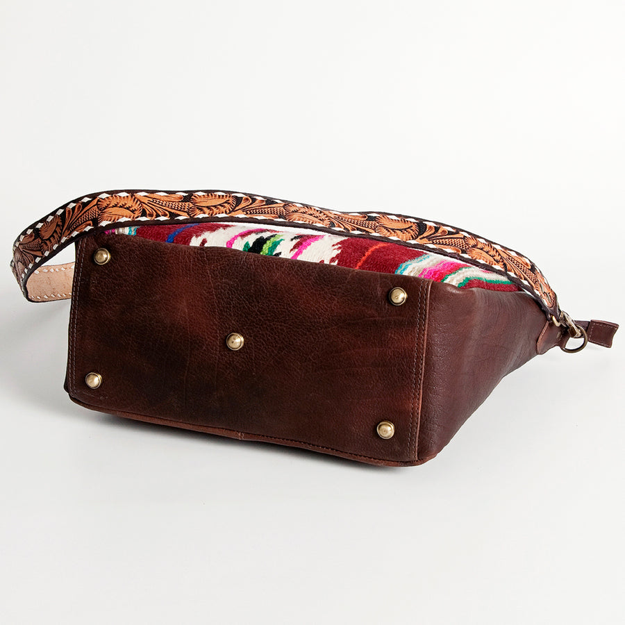 American Darling Women's Hand Tooled Floral Carved Leather Large Cross body Bag with Hand Woven Saddle Blanket and Buck Stitching