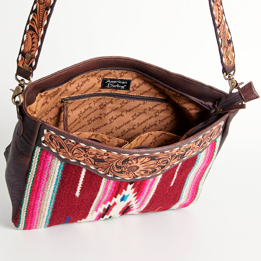 American Darling Women's Hand Tooled Floral Carved Leather Large Cross body Bag with Hand Woven Saddle Blanket and Buck Stitching