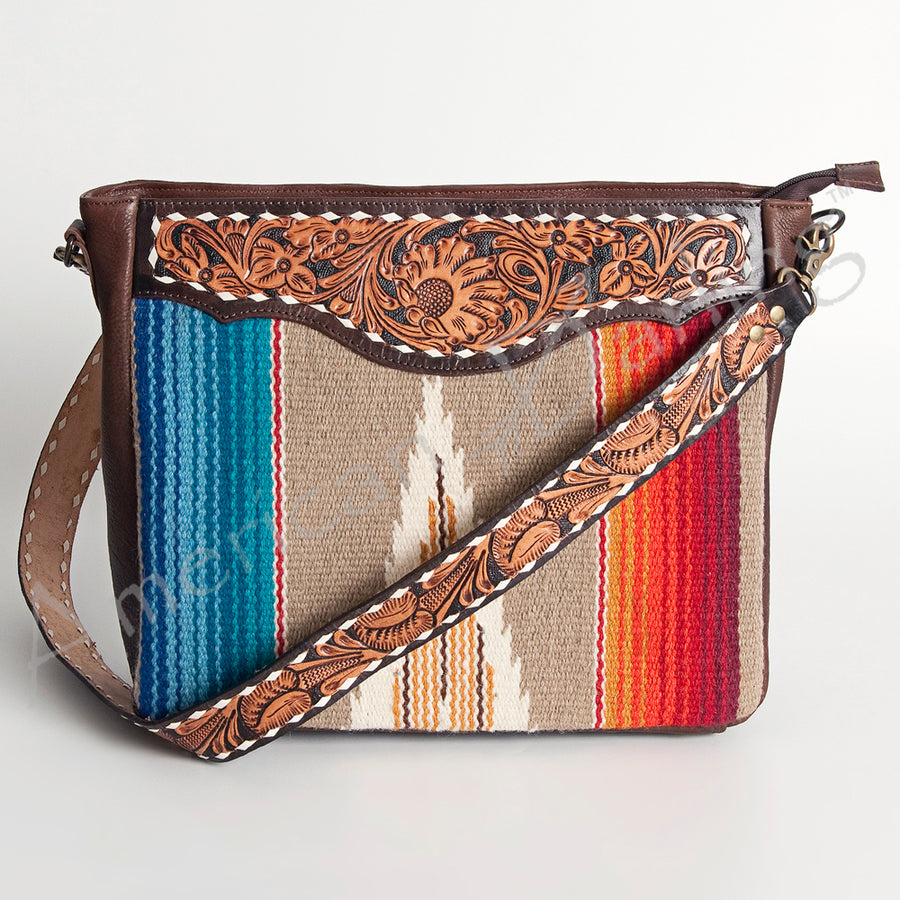 American Darling Women's Hand Tooled Floral Carved Leather Large Cross body Bag with Hand Woven Saddle Blanket and Buck Stitching