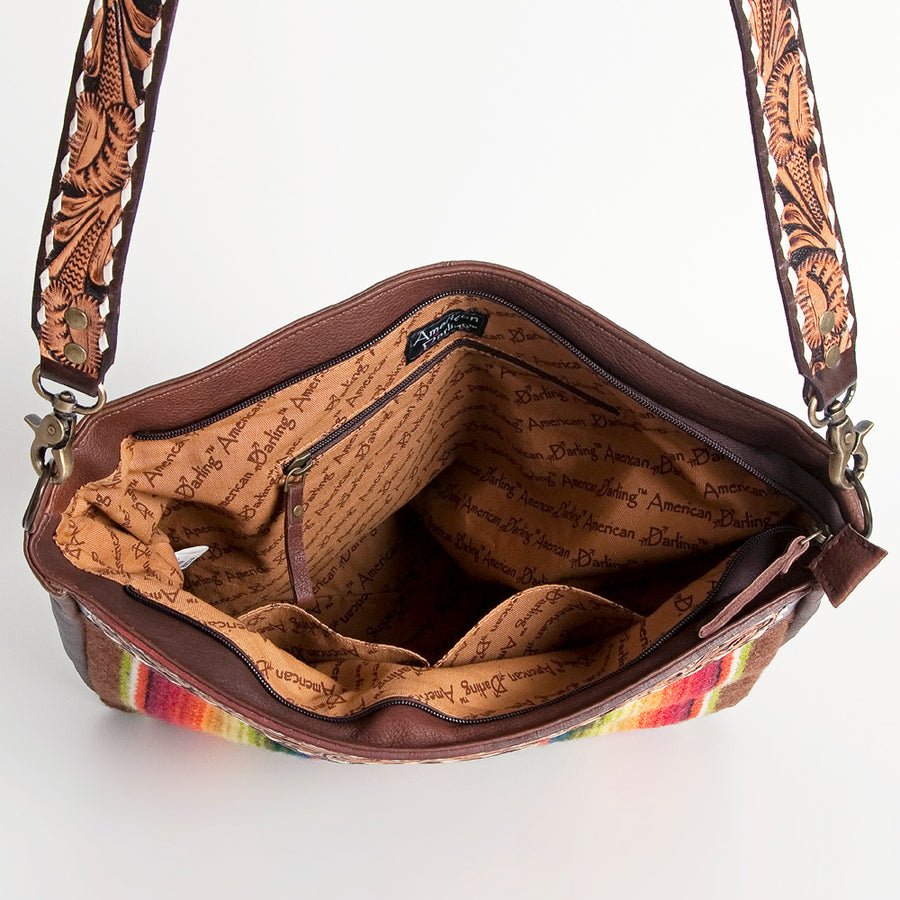 American Darling Women's Hand Tooled Floral Carved Leather Cross body Bag with Hand Woven Saddle Blanket and Buck Stitching