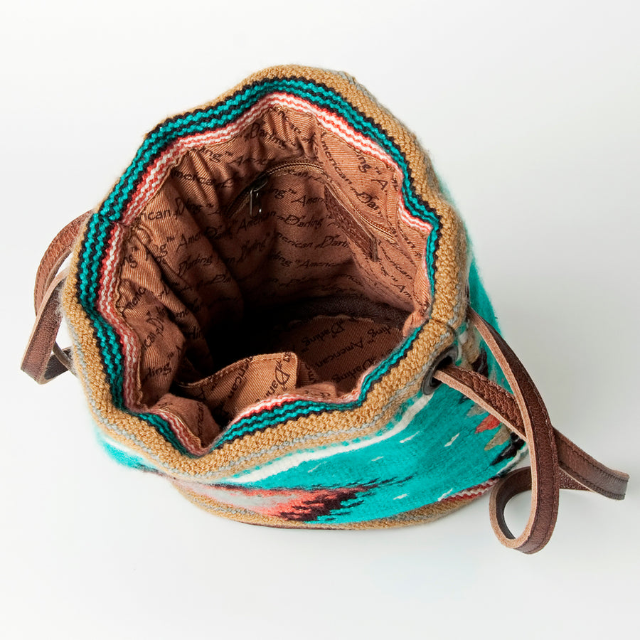 American Darling Bucket Bag, Hand Woven Saddle Blanket & Vegetable-Tanned Leather, Western Drawstring Shoulder Bag