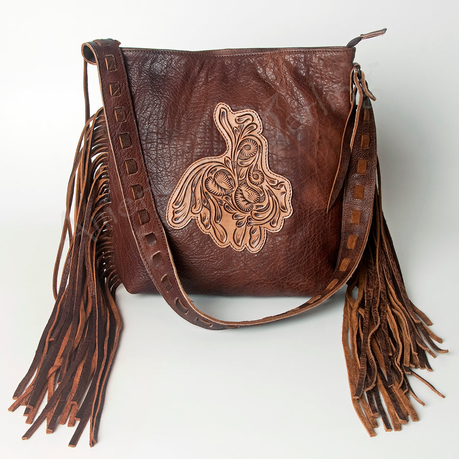 American Darling Large Cross body Bag, Hand Tooled Vegetable-Tanned Leather, Western Fringed Handcrafted Crossbody Purse
