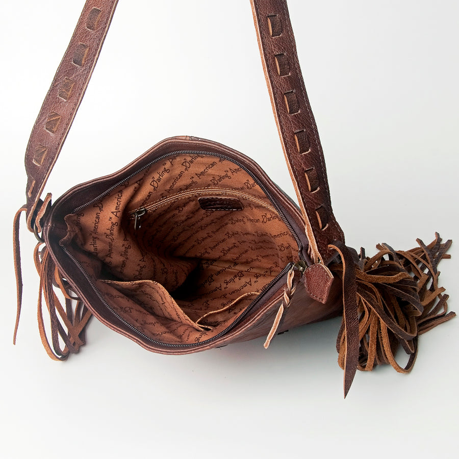 American Darling Large Cross body Bag, Hand Tooled Vegetable-Tanned Leather, Western Fringed Handcrafted Crossbody Purse