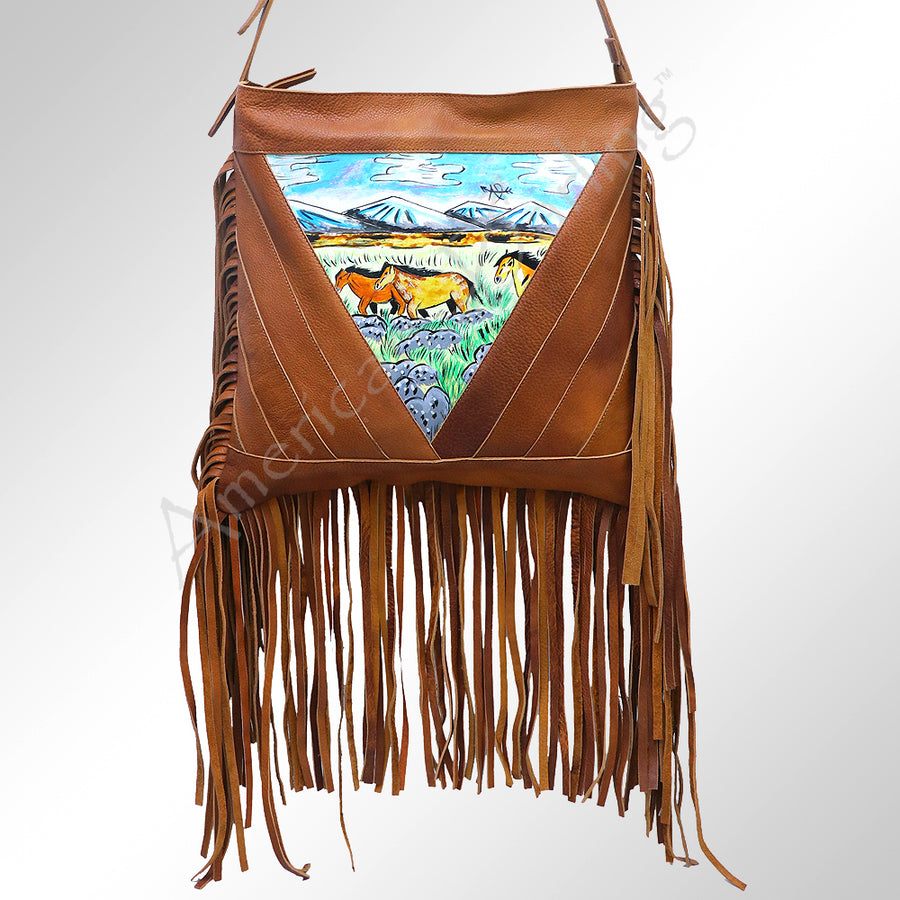 American Darling Large Cross body Bag, Hand Painted Western Scene, Fringed Vegetable Tanned Leather, 39in X 38in X 10in