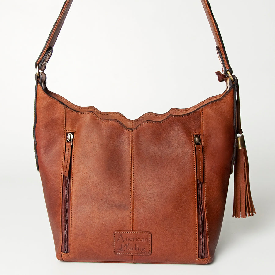 American Darling Hobo Bag Hand Tooled Floral Carved Genuine Vegetable Tanned Leather with Tassels 9in X 14in X 4in