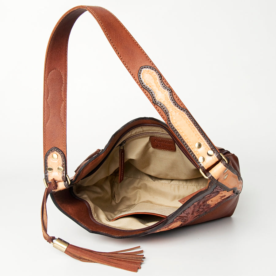 American Darling Hobo Bag Hand Tooled Floral Carved Genuine Vegetable Tanned Leather with Tassels 9in X 14in X 4in