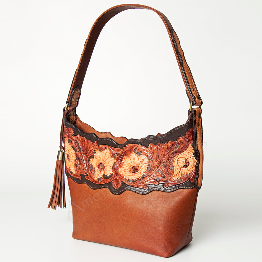 American Darling Hobo Bag Hand Tooled Floral Carved Genuine Vegetable Tanned Leather with Tassels 9in X 14in X 4in