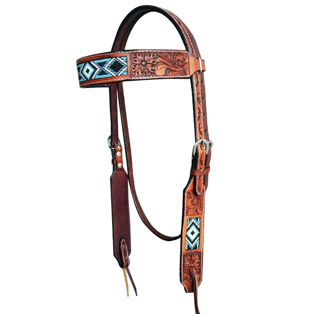 HILASON Western Horse Beaded Floral Headstall Breast Collar One Headstall Spur Strap Wither Strap American Leather Tack Set