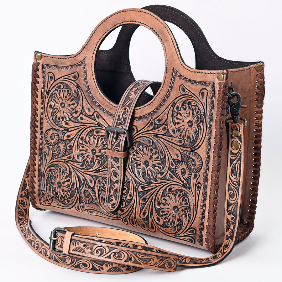 American Darling Western Tote Bag Hand Tooled Floral Carved Genuine Vegetable Tanned Leather Purse with YKK Zipper