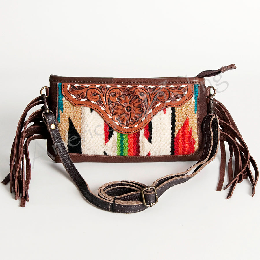 American Darling Women's Hand Tooled Floral Carved Leather Small Cross body Bag with Hand Woven Saddle Blanket and Fringes