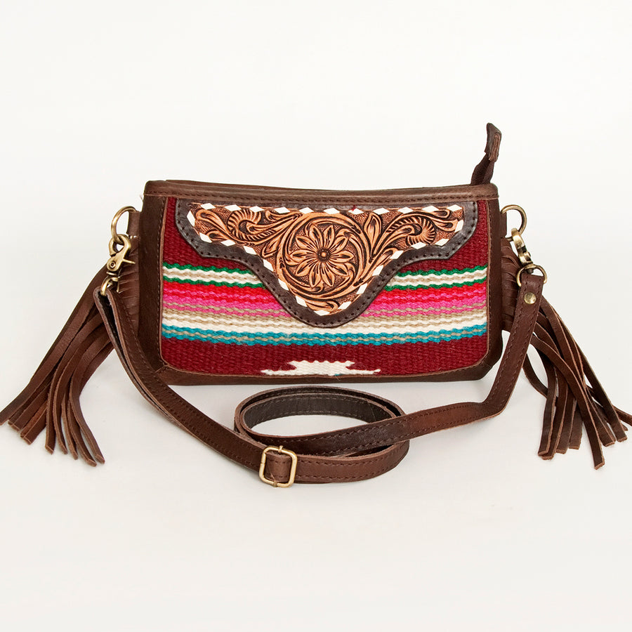 American Darling Women's Hand Tooled Floral Carved Leather Small Cross body Bag with Hand Woven Saddle Blanket and Fringes