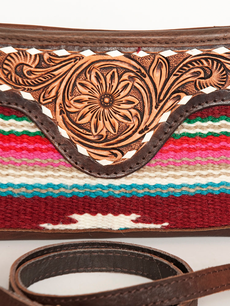 American Darling Women's Hand Tooled Floral Carved Leather Small Cross body Bag with Hand Woven Saddle Blanket and Fringes