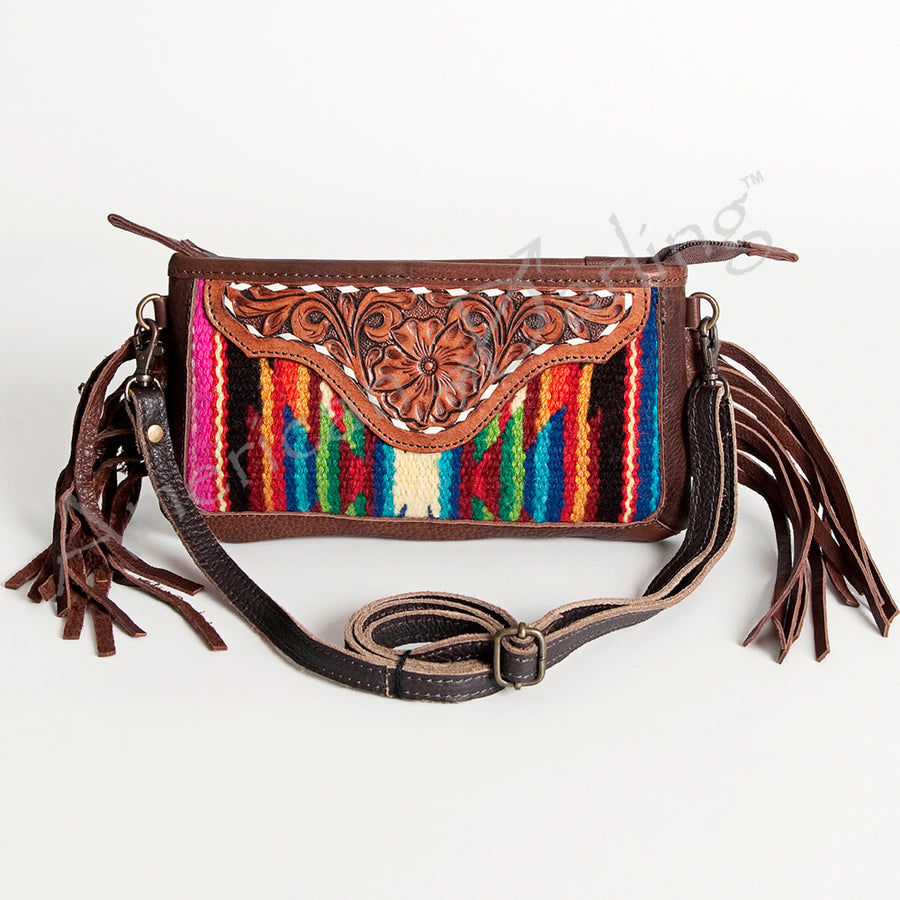 American Darling Women's Hand Tooled Floral Carved Leather Small Cross body Bag with Hand Woven Saddle Blanket and Fringes