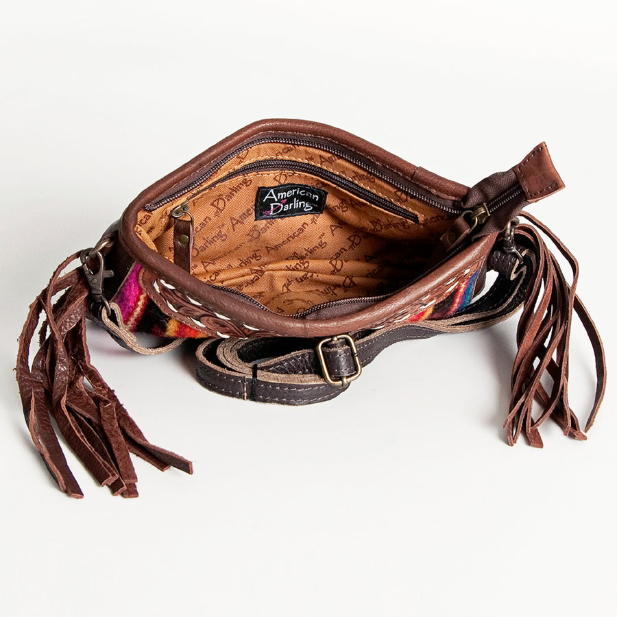 American Darling Women's Hand Tooled Floral Carved Leather Small Cross body Bag with Hand Woven Saddle Blanket and Fringes