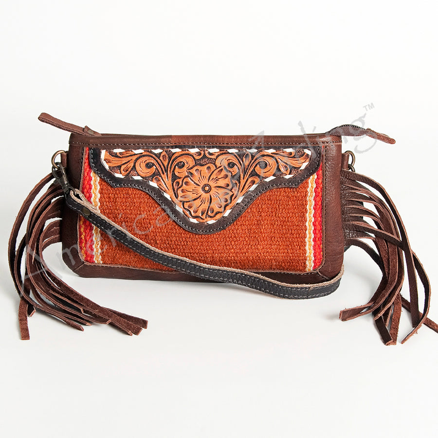 American Darling Women's Hand Tooled Floral Carved Leather Small Cross body Bag with Hand Woven Saddle Blanket and Fringes