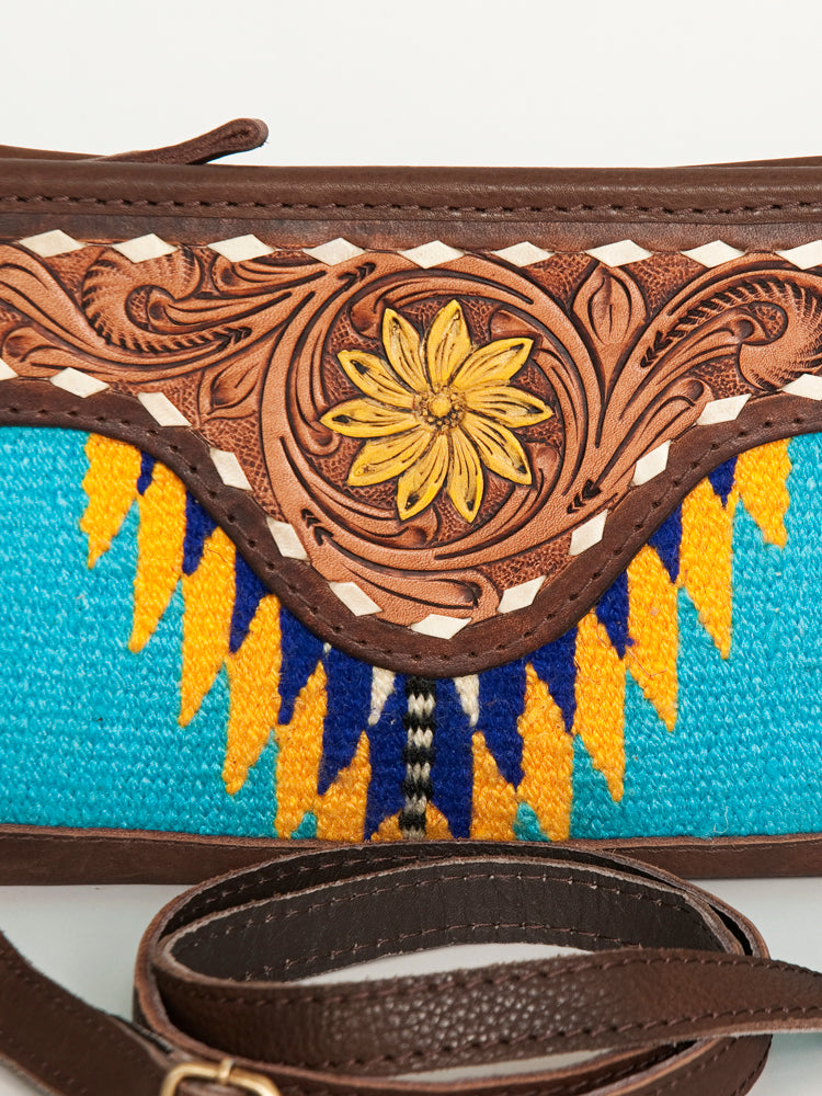 American Darling Women's Hand Tooled Floral Carved Leather Small Cross body Bag with Hand Woven Saddle Blanket and Fringes