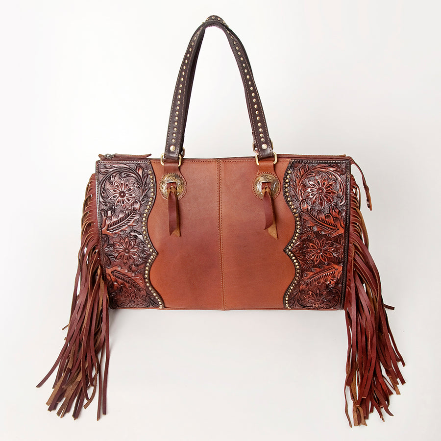 American Darling Tote Bag, Hand-Tooled Floral Western Leather Purse with Side Fringes, 11in (H) X 16in (W) X 5.5in (D)
