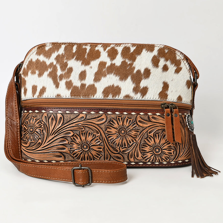 American Darling Cross body Bag, Hand-Tooled Floral Western Leather Purse, Hair-On Cowhide, 9in (H) X 13in (W) X 5.5in (D)