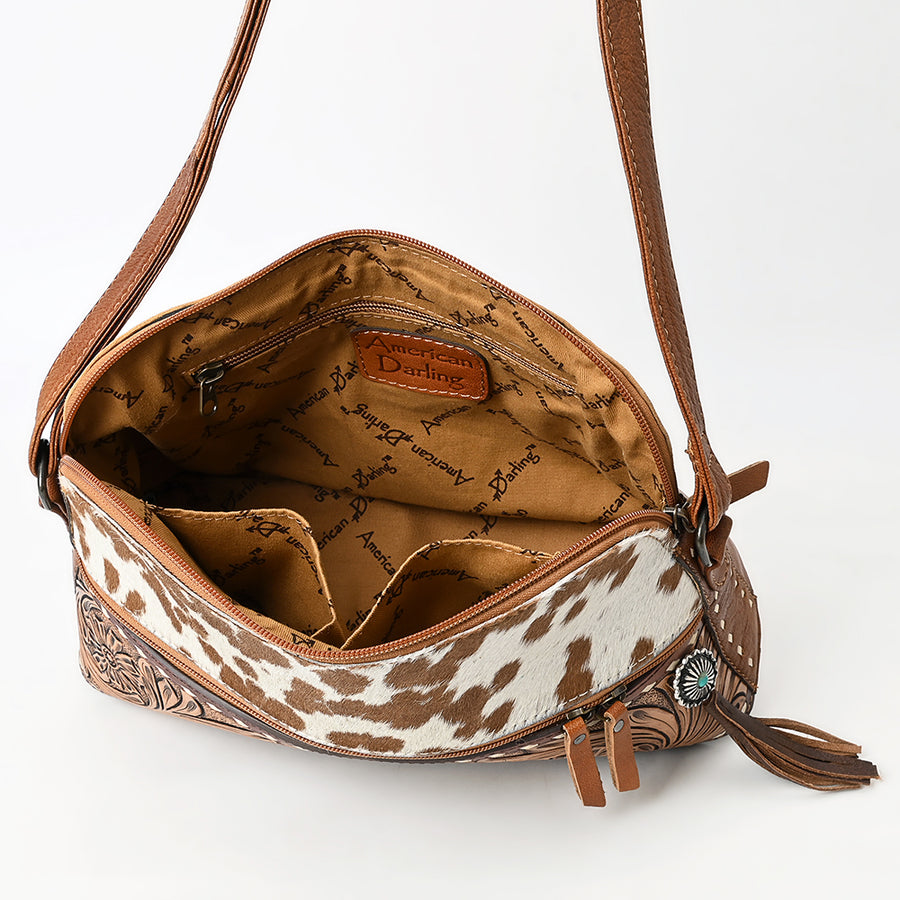 American Darling Cross body Bag, Hand-Tooled Floral Western Leather Purse, Hair-On Cowhide, 9in (H) X 13in (W) X 5.5in (D)