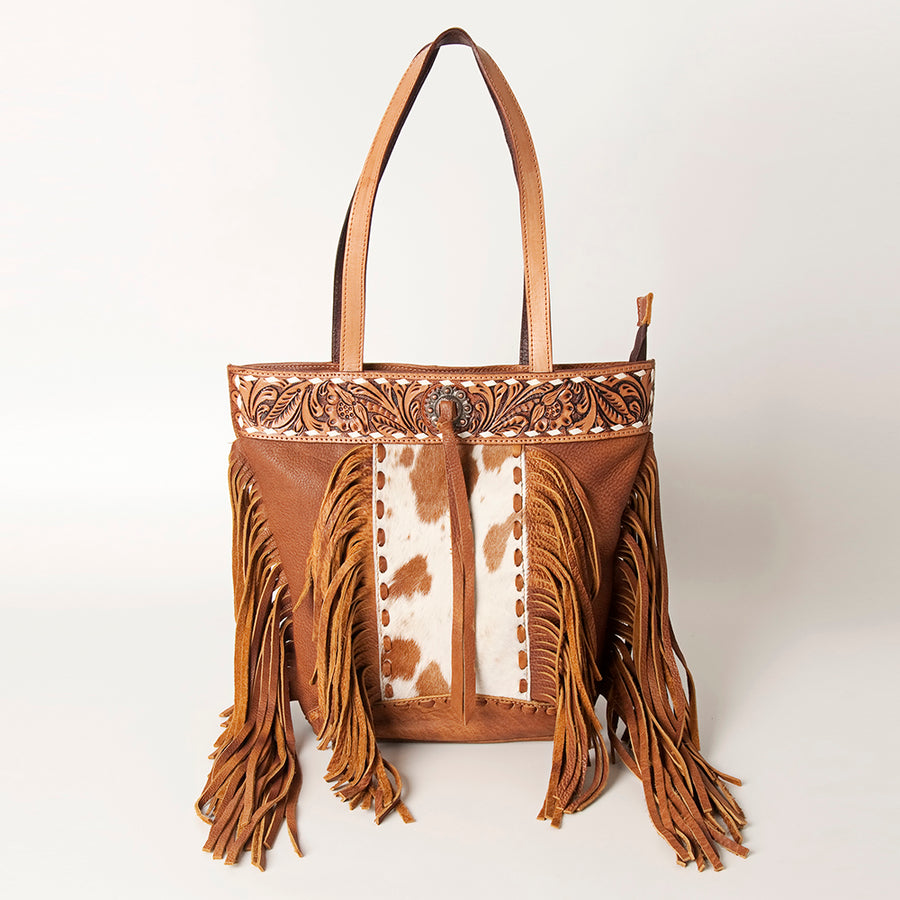 American Darling Women's Hand Tooled Floral Carved Leather Tote Bag with Hair-On Cowhide, Fringes, and Buck Stitching