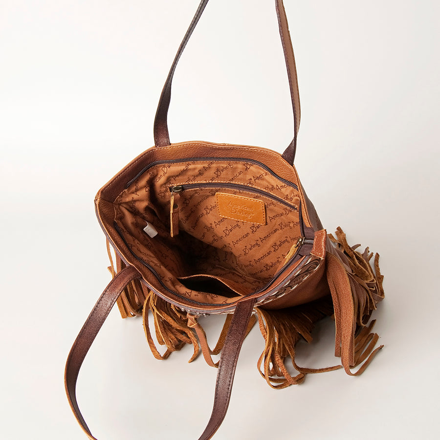 American Darling Women's Hand Tooled Floral Carved Leather Tote Bag with Hair-On Cowhide, Fringes, and Buck Stitching