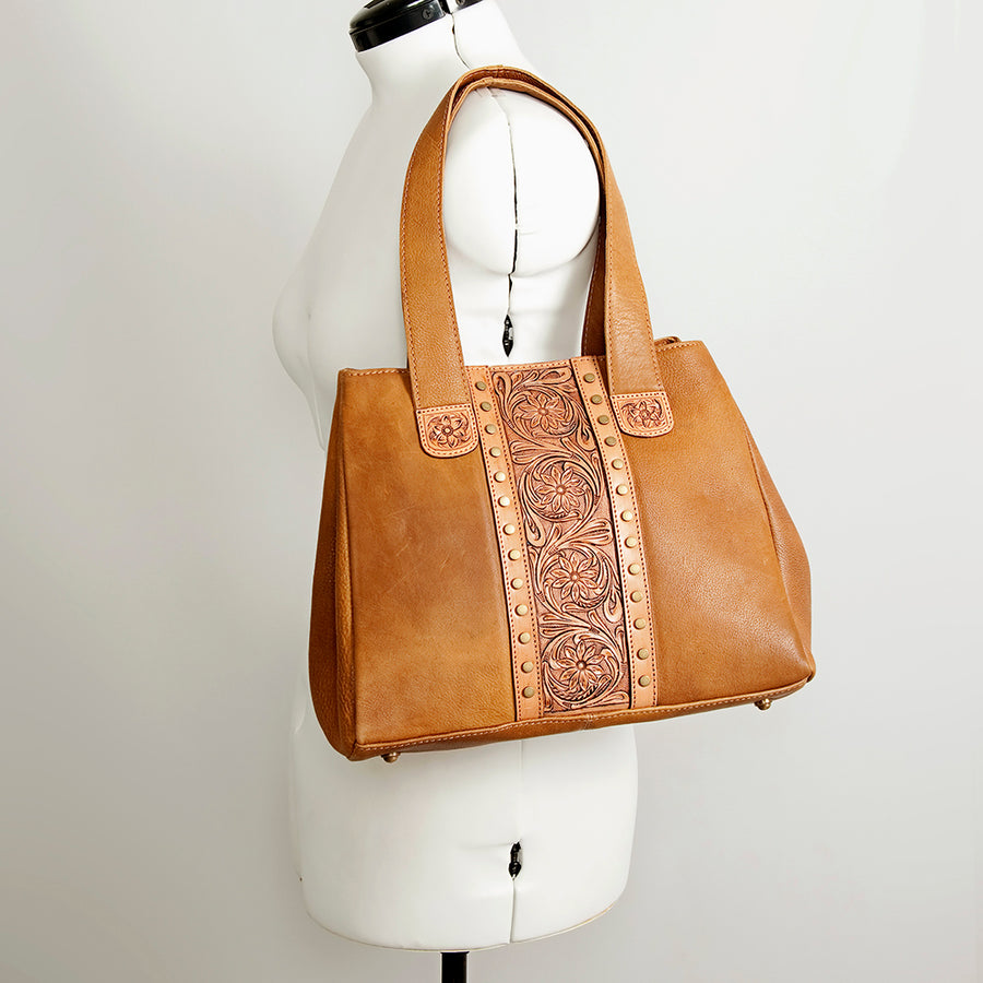 American Darling Handcrafted Floral Tooled Genuine Leather Tote Bag Eco-Friendly Vegetable Tanned Western Purse YKK Zipper