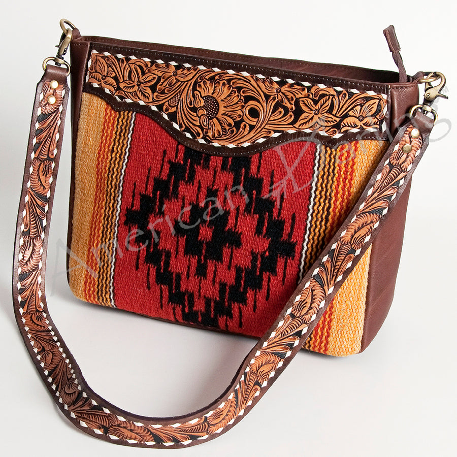 American Darling Hand Tooled Saddle Blanket Genuine Leather Messenger Bag - Uhorse