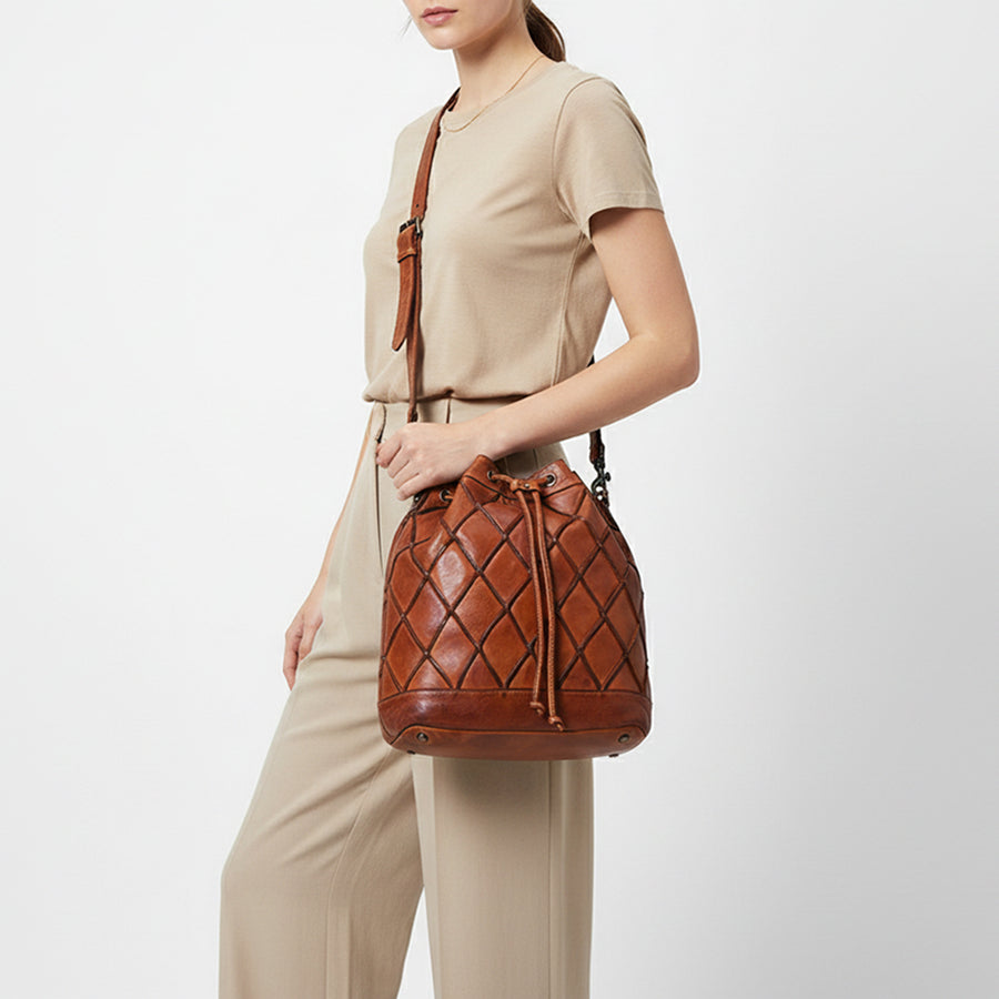 Spaghetti Western Swc177Cg Bucket Vintage Handmade Drum Dyed Genuine European Cowhide Leather Women Bag Western Handbag Purse