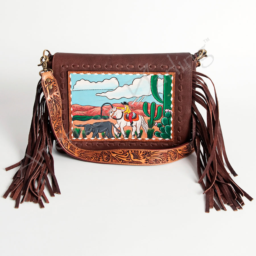 American Darling Hand Tooled Fringed Genuine Leather Small Cross body Bag Eco-Friendly Vegetable Tanned Full Grain Leather YKK Zipper