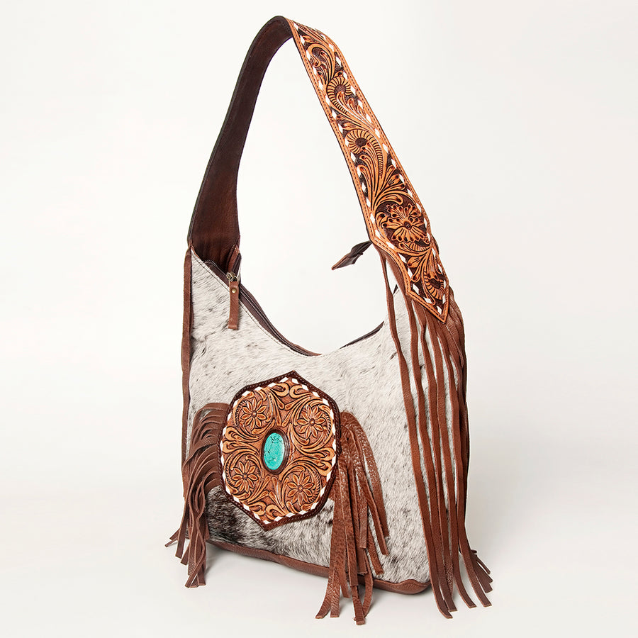 American Darling Hand Tooled Floral Hobo Bag with Hair-On Cowhide and Fringes - Uhorse