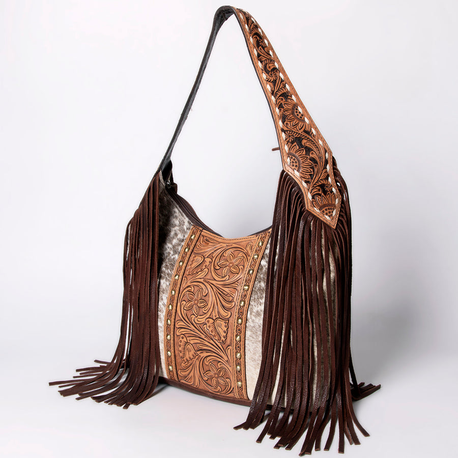 American Darling Hand Tooled Floral Leather Hobo Bag with Hair-On Cowhide and Fringes - Uhorse