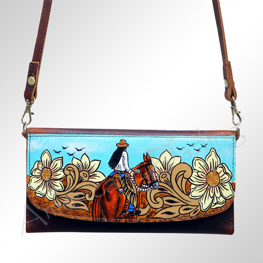 American Darling Small Cross body Bag Genuine Vegetable Tanned Leather Wallet Purse Western Handbag 4in x 1in x 8in