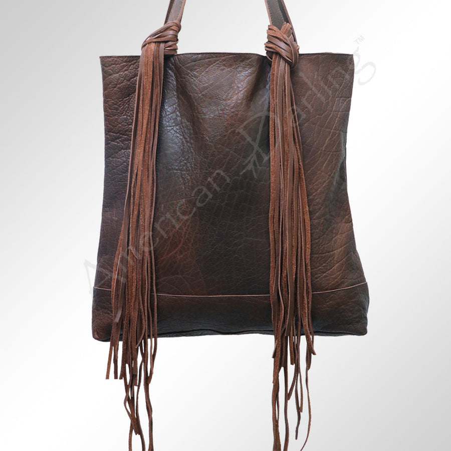 American Darling Tote Bag - Genuine Vegetable-Tanned Leather Western Purse with Fringes and YKK Zipper - 17x17in