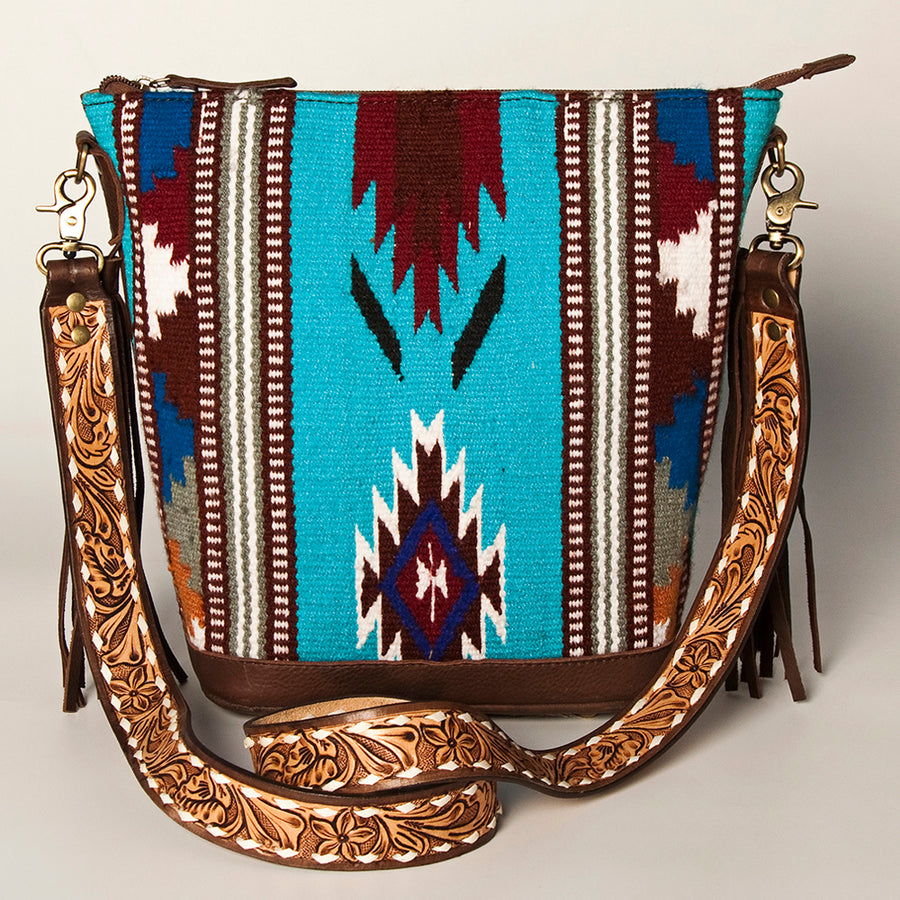 American Darling Fringed Saddle Blanket Large Cross body Bag Eco-Friendly Genuine Leather Floral Tooled YKK Zipper
