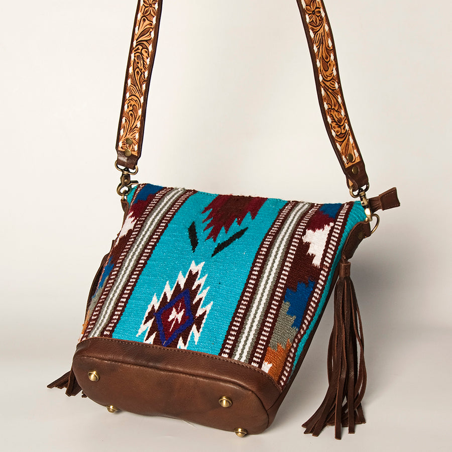 American Darling Fringed Saddle Blanket Large Cross body Bag Eco-Friendly Genuine Leather Floral Tooled YKK Zipper