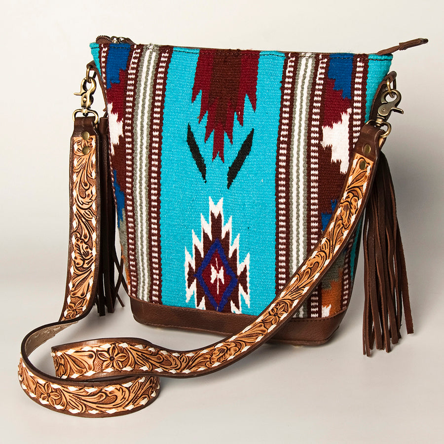 American Darling Fringed Saddle Blanket Hand Tooled Large Cross body Bag - Uhorse