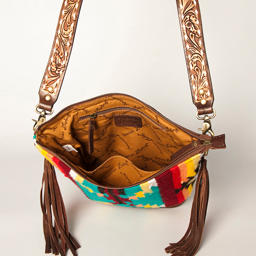 American Darling Fringed Saddle Blanket Large Cross body Bag Eco-Friendly Genuine Leather Floral Tooled YKK Zipper