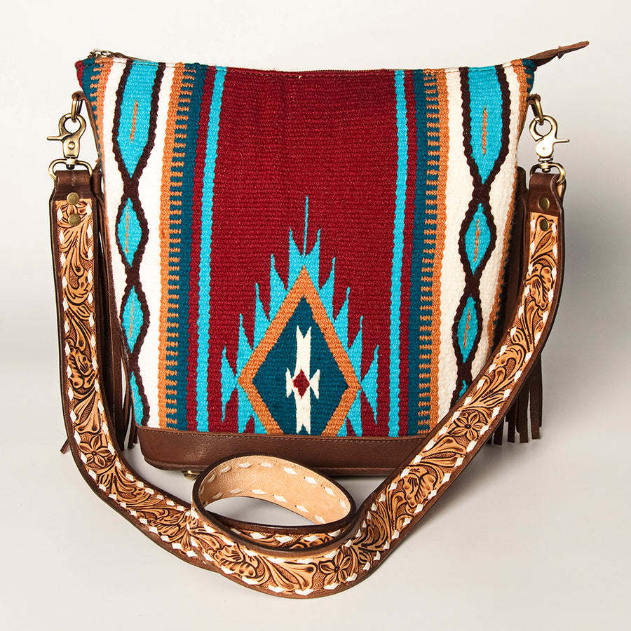 American Darling Fringed Saddle Blanket Large Cross body Bag Eco-Friendly Genuine Leather Floral Tooled YKK Zipper